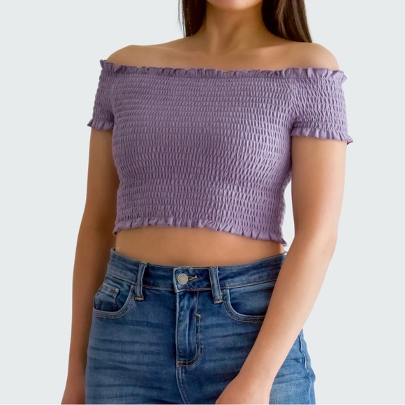 Smocked Off The Shoulder Crop Top - Picture 1 of 2